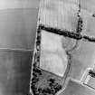 Oblique aerial view centred on the cropmarks of the trackway with the remains of the farmstead adjacent, taken from the NW.
