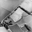 Oblique aerial view centred on the cropmarks of the trackway with the remains of the farmstead adjacent, taken from the W.