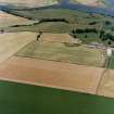 General oblique aerial view centred on the cropmarks of the cursus monuments, and the barrows, pits and rig with the farmsteading adjacent, taken from the SW.