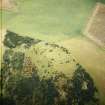 Oblique aerial view centred on the remains of the cairns and possible hut-circle, taken from the NW.