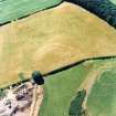 Oblique aerial view of Dowan's Hill centred on the cropmarks of a possible fort and rig with the remains of a fort adjacent, taken from the ENE.