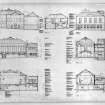 Photographic copy of plans, sections and elevations showing alterations including details of gallery, kitchen, cupola, plant chamber and lift shaft.