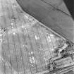 Westfield, Inveresk, oblique aerial view, taken from the ESE, centred on the cropmarks of ditches of the W side of the cursus monument, crossed by the cropmark of a dismantled mineral railway.
