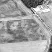 Oblique aerial view centred on the cropmarks of the palisaded settlement, roundhouses and pit-alignment, taken from the NW.