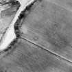 Oblique aerial view centred on the cropmarks of the ring-ditch with possible enclosure and cropmarks adjacent, taken from the ESE.