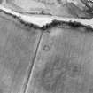 Oblique aerial view centred on the cropmarks of the ring-ditch with possible enclosure and cropmarks adjacent, taken from the NE.