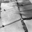 Oblique aerial view centred on the cropmarks of the settlement and trackway with field boundary adjacent, taken from the ENE.