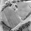 Oblique aerial view centred on the cropmarks of the SE of a Roman temporary camp with the western ditch and corner of Ravenswood temporary camp and linear cropmarks adjacent, taken from the ESE.