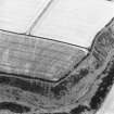 Oblique aerial view centred on the cropmarks of the fort, taken from the SW.