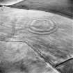 Oblique aerial view centred on the cropmarks of the fort with field boundaries and  cropmarks adjacent, taken from the SSW.