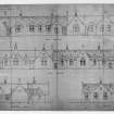 Photographic copy of drawing showing transverse section and elevations.
Insc: 'Galashiels Burgh School Board', 'Plans of Porposed Additions to Schools', 'Back Elevation', 'Front Elevation', 'Transverse Section', 'End Elevation', '37 York Place Edin July 1880'.