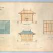 Photographic copy of drawing showing plan of garden house.
Insc: 'Plan of Garden House for Springwood Park', 'Plan of Roof', 'Longitudinal Section', 'Back Elevation', 'Plan of Ceiling and Soffit of Projecting Part of Roof', '19 St Andrew Square Edinbr 28th Nov. 1859'.