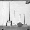 Aberdeen, Berryden Road, Millbank Mill, Corn Mill, Interior.
Detail of various implements used in grain drying kiln.
Pushing Implements. (left to right)
1st Two. for clearing grain off floor into discharge spouts.
3rd. possibly a cove shovel for kiln fuel.
4th. shovel for turning grain on drying floor.