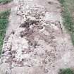 Forgan, St. Fillan's Churchyard.
General view of recumbant gravestone. Inscribed border and shield.