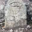 Forgan, St. Fillans Churchyard.
General view of gravestone with arched top. Large incised shuttle.
Insc: 'Here Lies Elizabeth......'