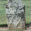 Forgan, St. Fillans Churchyard.
General view of gravestone with arched top. Skull with two pairs of crossed bones.
Insc: 'P.M, F.S'.