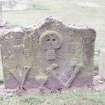 Forgan, St. Fillan's Churchyard.
General view of gravestone. Stone with slight point in middle. Skull, two sets of crossed bones and hourglass.
Insc: 'Memento Mori, 1725, W.G  K.D'