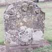 Forgan, St. Fillan's Churchyard.
General view of gravestone. Stone with curved top with winged soul, two rosettes, two scrolls and cartouche with mill rind and hammer. Hourglass just visible sinking into ground.
Ribband Insc: 'Vive Memor Letht'.