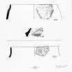 Pottery phase IIIa, fabric A, rim sherd and body sherd with cordon; phase IIIb, fabric A, rim sherd - Bu broch.  BAR Fig.1.55, p86