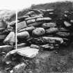 Papa Westray, Munkerhoose excavation archive
Area 2: Deturfing Upper Section: Wall 2074; hearth 2001. From W.
Contexts 2074, 2001, 2102.