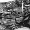 Papa Westray, Munkerhoose excavation archive
Area 3: Elevation of Wall 3019, exterior face of broch. From S.
Context numbers marked on print.