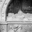 Detail of monument dated 1636 to the Bairds of Auchmedden set into wall with recumbent figure, St Mary's Church burial ground, Banff.