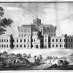 Barnbougle Castle.
Photographic copy of proposed perspective view of South front with figures. 
Signed: 'Robt Adam, Architect 1774'
Ink and grey wash.