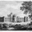 Barnbougle Castle.
Photographic copy of proposed perspective view of West front with figures. 
Insc(verso): 'West Front Barnbougle Castle by Robert Adam'
Signed: 'Robt Adam, Architect 1774'
Ink and grey wash.