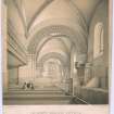 Lithograph showing interior view of Dalmeny Parish Church to east.
