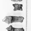 Post ex photograph : Top and 2nd bottom: Celtic shorthorn, R os Calcis and R astragalus Crosskirk broch, period 3 settlement W platform.  "Bos taurus bracyceros 2nd top and bottom: Aberdeen Angus "Bos taurus taurus" 3.5 castrate L Os calas and L astragalus