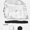 A flat piece of sandstone with incised parallel lines and a pebble polisher, Broch of Gurness, Aikerness.
Fig.2.53