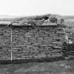 Survey photograph : site 35b - agricultural/storage unit, with small sub-structure at east end.  Drystone construction, partially surviving turf roof.