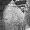 Interior view of Mains Castle, Caird Park, Dundee, showing detail of corbel head decoration.