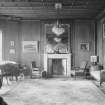 Interior view of Hospitalfield House, Arbroath, showing drawing room and fireplace.