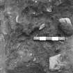 Excavation photographs: Hut circle 10/1.  Carbonised remains; interior face of hut circle in NW quadrant; general view of hut circle from above, showing excavations in progress.