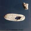 Post excavation photograph : SF 34 reverse of bone pommel.
(ref. A 6992-11)