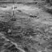 Braidwood: excavation photograph (1947).
Pole in posthole 6b (note cobble) behind posthole 5, a dark hole, and postholes 4/1, 3/14, 
2/13, covered with sods. 
Right of centre loose stones lying on ditch silt.