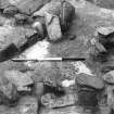 Excavation photographs: Stones in box 1 from E; stones from W; stones from SW; palis slot in SW corner of box 1; palis slot and secondary slabs in box 1; close up of palis slot section; stones in box 1 showing N section; general views from site across Loch Gruinart.