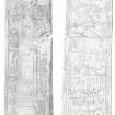 St Orland's Stone Pictish cross slab, Cossans. Pencil survey drawing showing front and back slabs