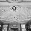 Interior view of Arbuthnott House showing ornate plaster ceiling in west drawing room.