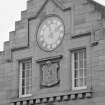 Stirling railway station. W front, detail of clock and decorative panel.