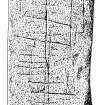 Scanned ink drawing detail of Kirriemuir 2 Pictish symbol stone ogham