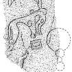 Scanned ink drawing: Cotterton 1 Pictish symbol stone, built into the south-east corner of steading