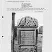 Photographs and research notes relating to graveyard monuments in Kirkcowan Churchyard, Wigtownshire. 
