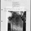 Photographs and research notes relating to graveyard monuments in Innerliethen Churchyard, Peeblesshire. 
