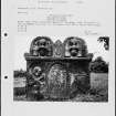Photographs and research notes relating to graveyard monuments in Tillicoutry Old Churchyard, Clackmannanshire. 

