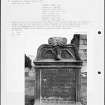 Photographs and research notes relating to graveyard monuments in Bathgate Old Churchyard, West Lothian. 
