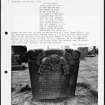 Photographs and research notes relating to graveyard monuments in Kirkliston Churchyard, West Lothian. 
