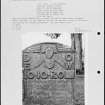Photographs and research notes relating to graveyard monuments in Farnell Churchyard, Angus. 

