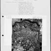 Photographs and research notes relating to graveyard monuments in Kinnell Churchyard, Angus. 
